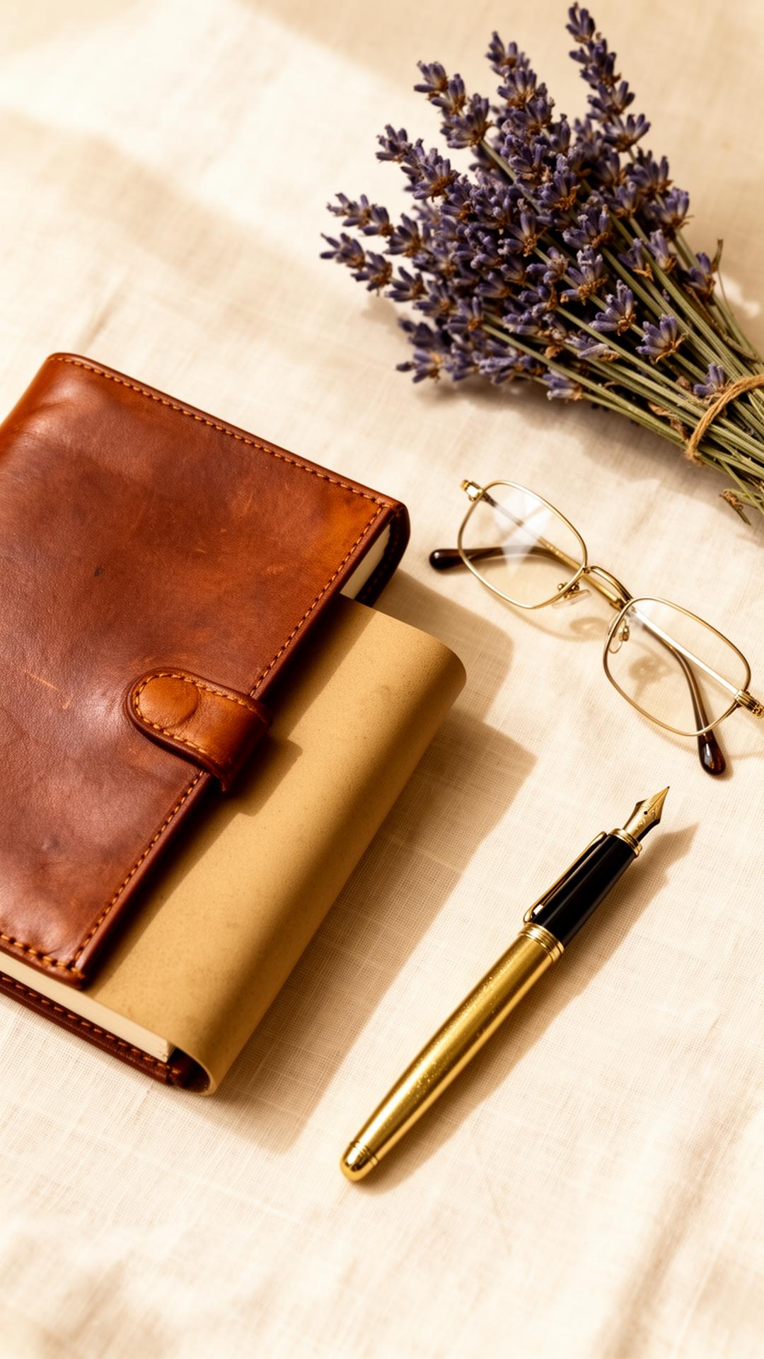 A journal, fountain pen, and lavender on a linen surface