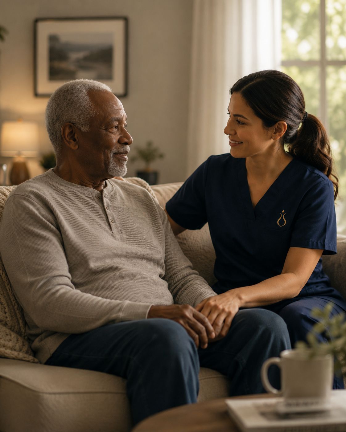 A caregiver and an elder sharing a quiet moment